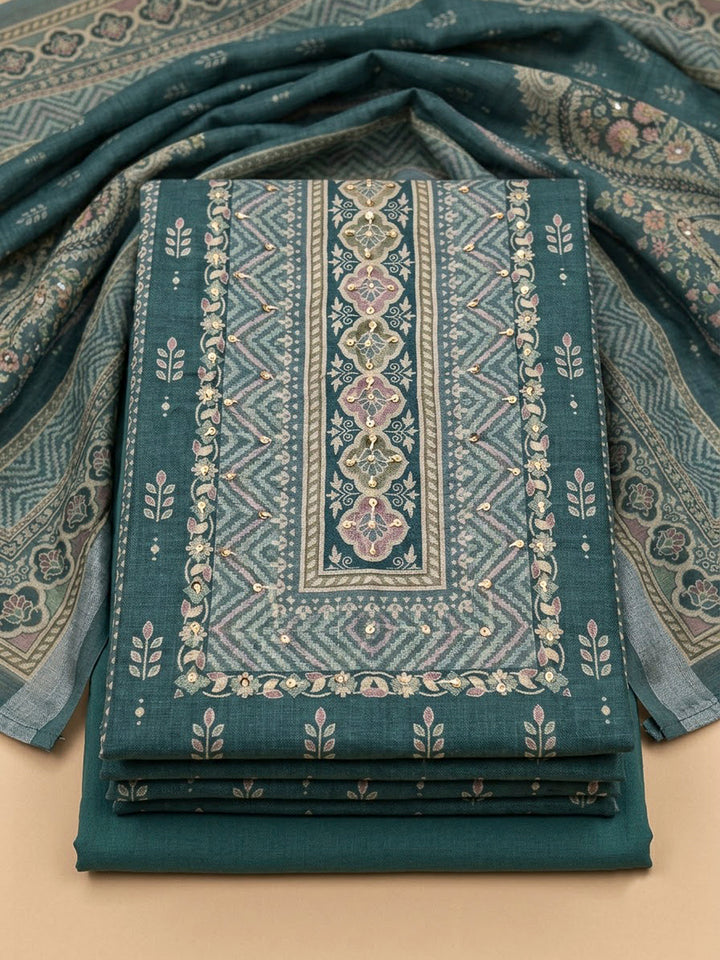Rama Green Linen Blend Printed Unstitched Dress Material