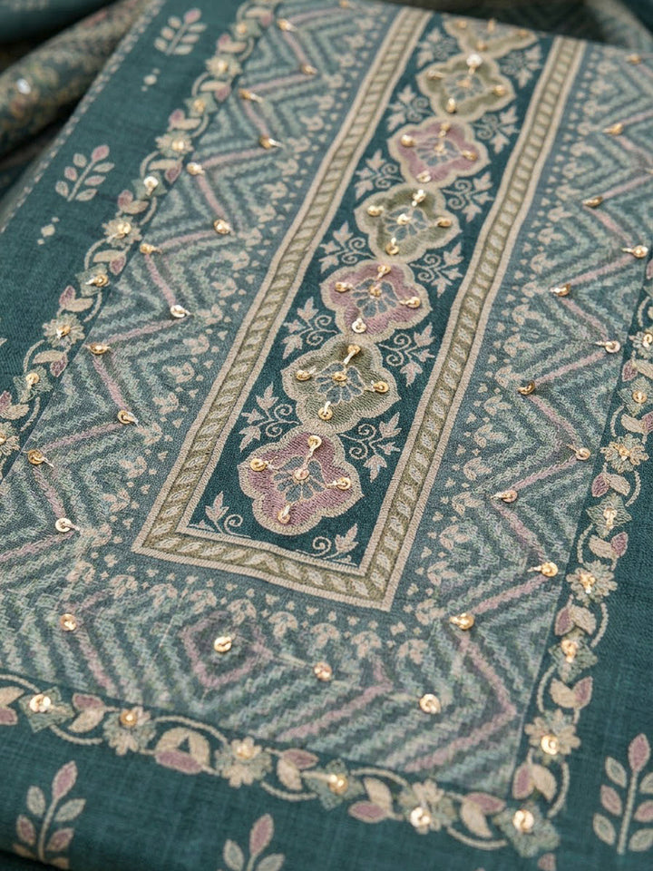 Rama Green Linen Blend Printed Unstitched Dress Material