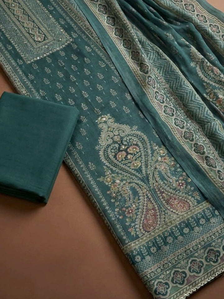 Rama Green Linen Blend Printed Unstitched Dress Material