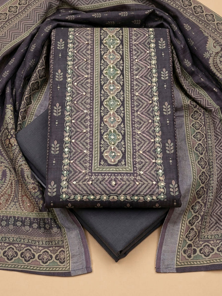 Wine Linen Blend Printed Unstitched Dress Material