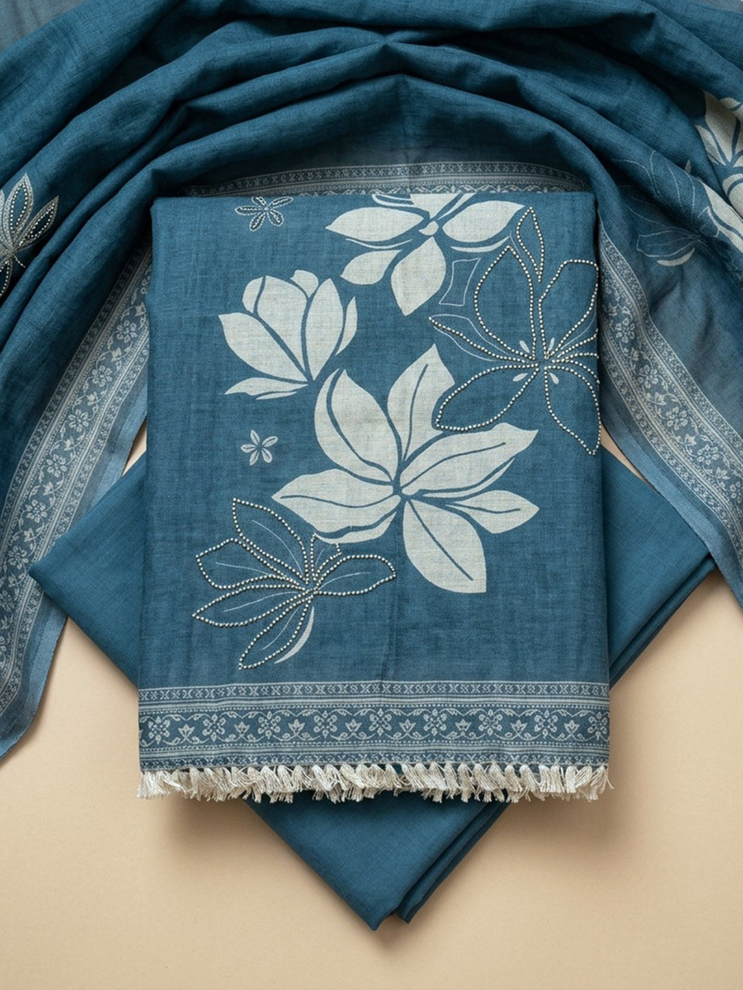 Blue Printed Linen Blend Unstitched Suit &amp; Pant With Linen Dupatta