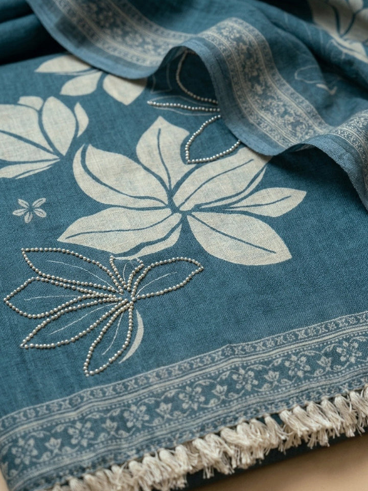 Blue Printed Linen Blend Unstitched Suit &amp; Pant With Linen Dupatta