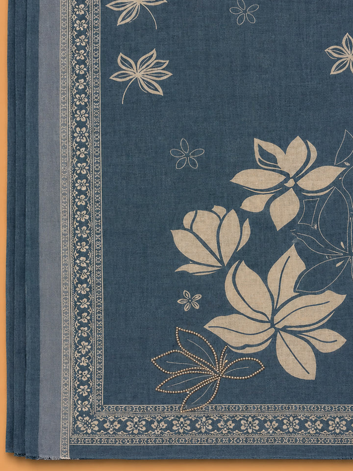 Blue Printed Linen Blend Unstitched Suit &amp; Pant With Linen Dupatta