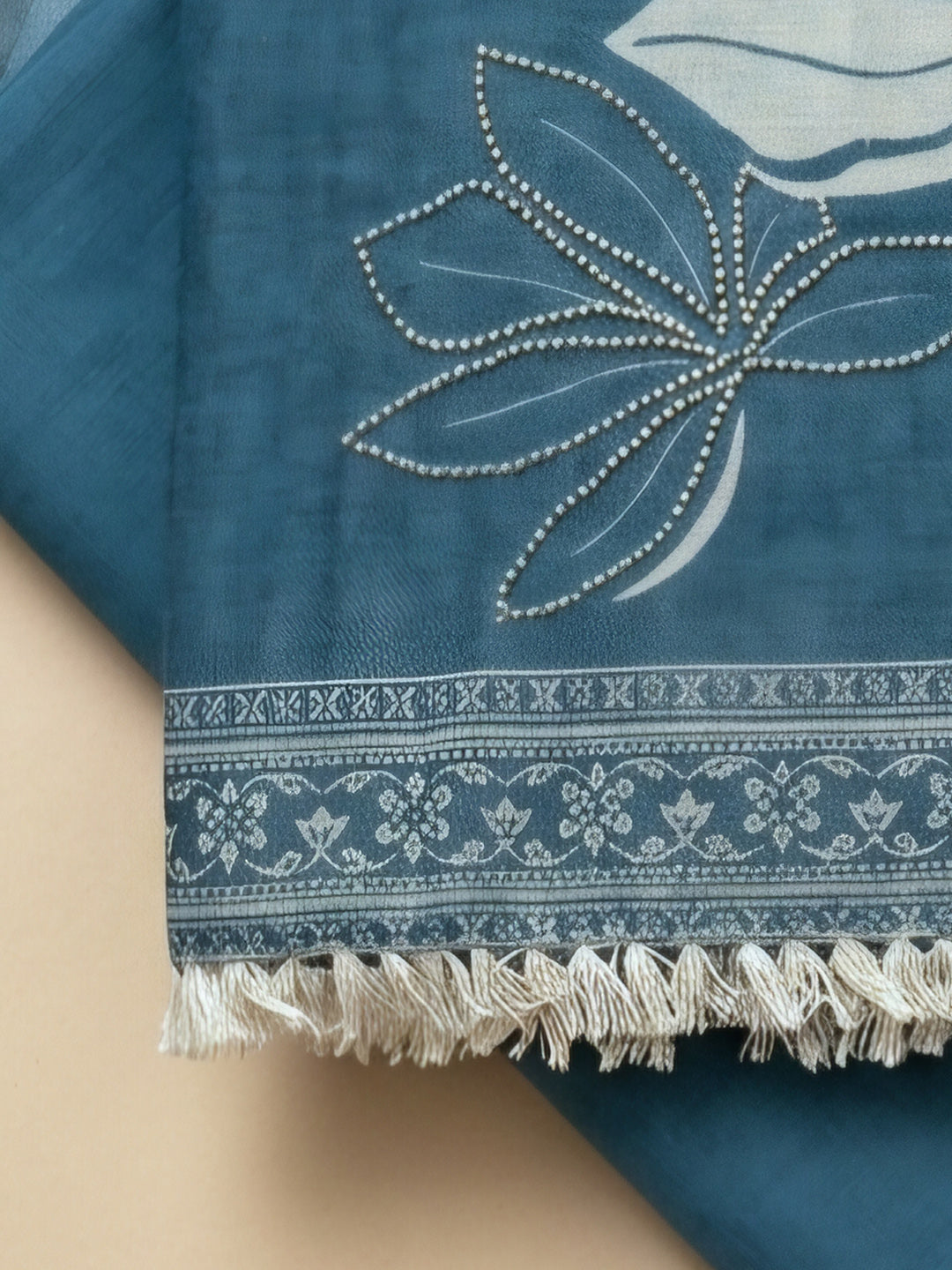 Blue Printed Linen Blend Unstitched Suit &amp; Pant With Linen Dupatta