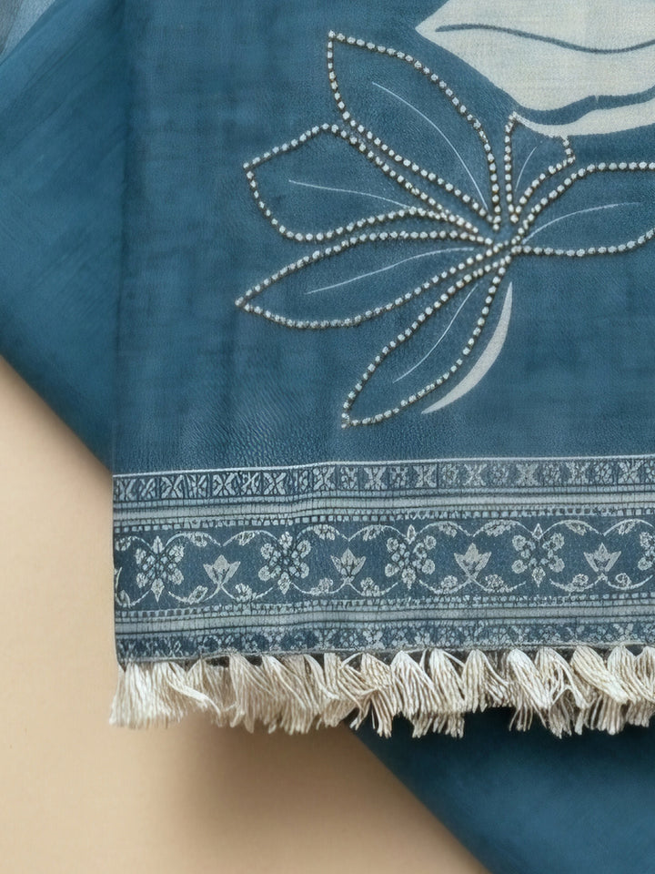 Blue Printed Linen Blend Unstitched Suit &amp; Pant With Linen Dupatta