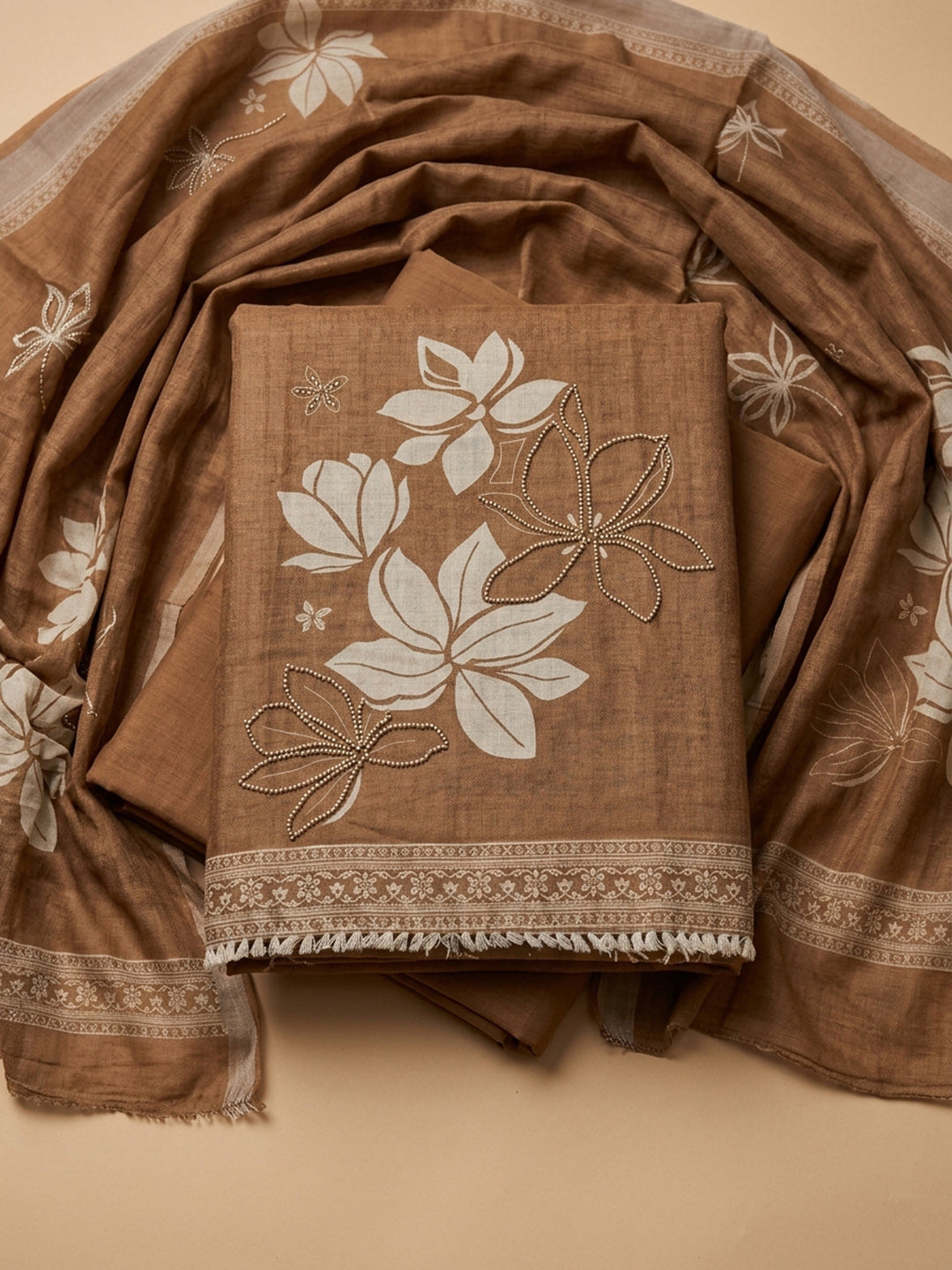 Brown Printed Linen Blend Unstitched Suit &amp; Pant With Linen Dupatta