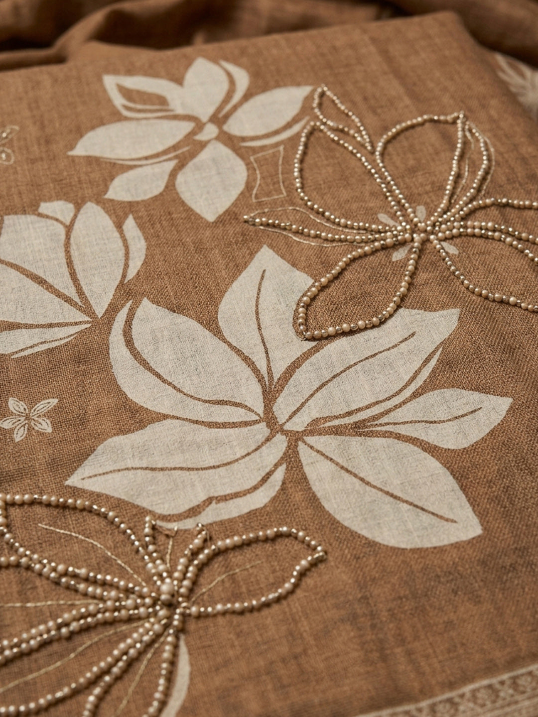 Brown Printed Linen Blend Unstitched Suit &amp; Pant With Linen Dupatta