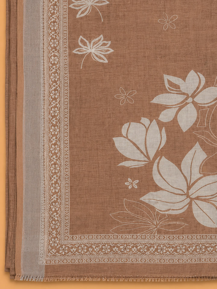 Brown Printed Linen Blend Unstitched Suit &amp; Pant With Linen Dupatta