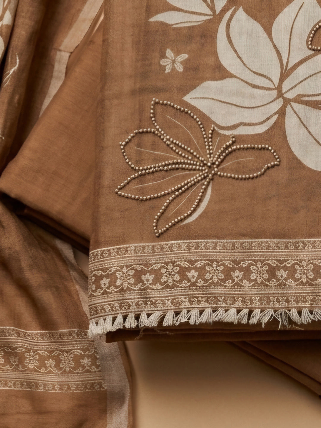 Brown Printed Linen Blend Unstitched Suit &amp; Pant With Linen Dupatta