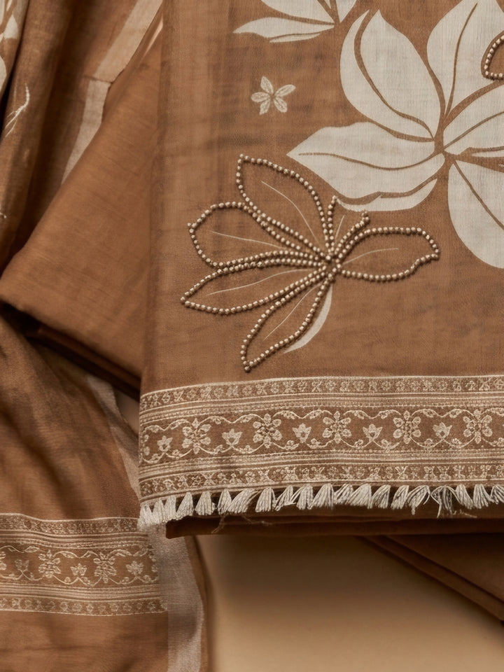 Brown Printed Linen Blend Unstitched Suit &amp; Pant With Linen Dupatta