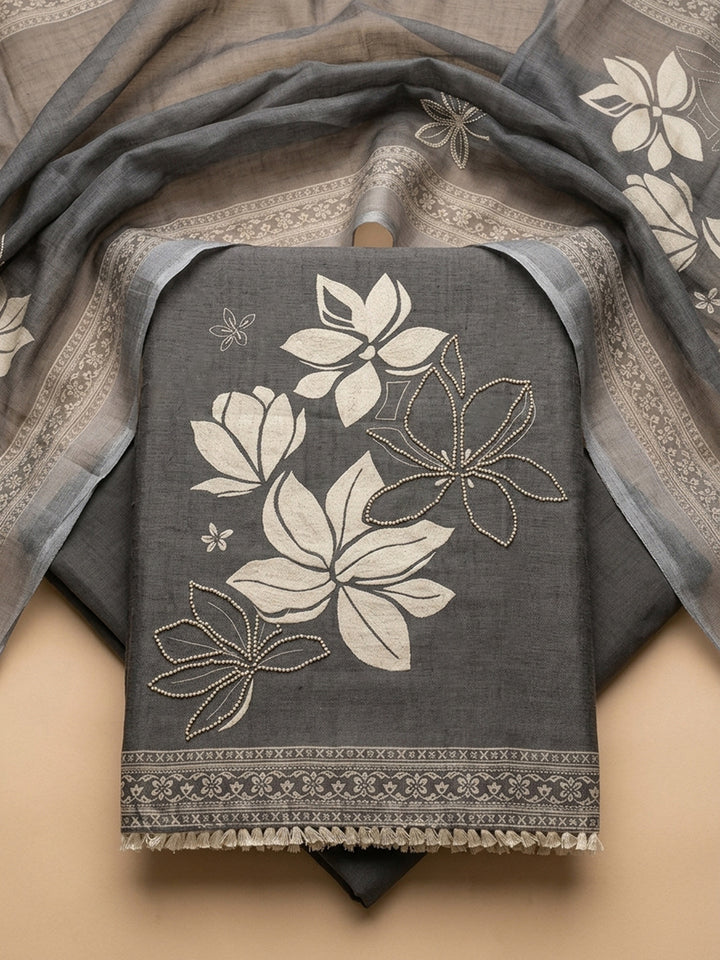 Grey Printed Linen Blend Unstitched Suit &amp; Pant With Linen Dupatta