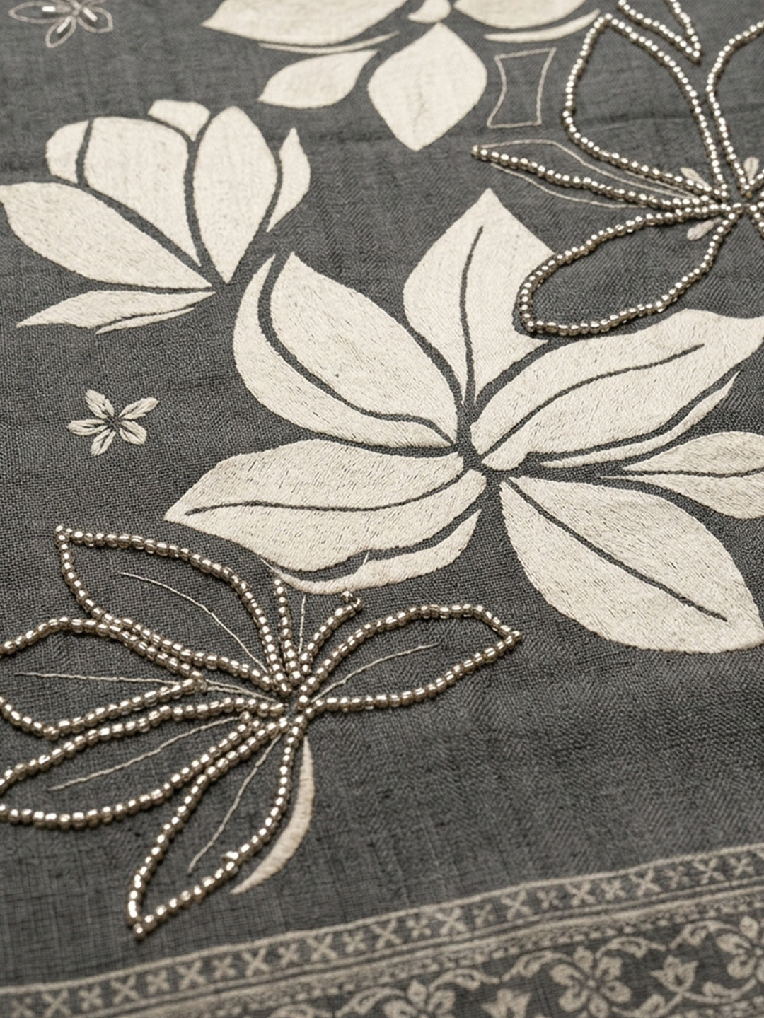 Grey Printed Linen Blend Unstitched Suit &amp; Pant With Linen Dupatta