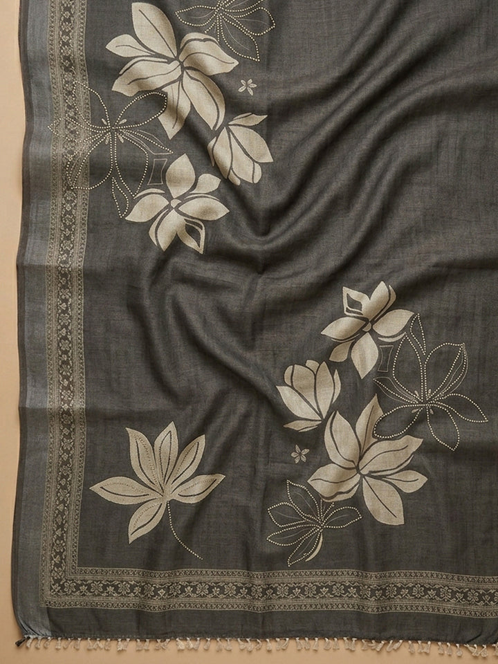 Grey Printed Linen Blend Unstitched Suit &amp; Pant With Linen Dupatta