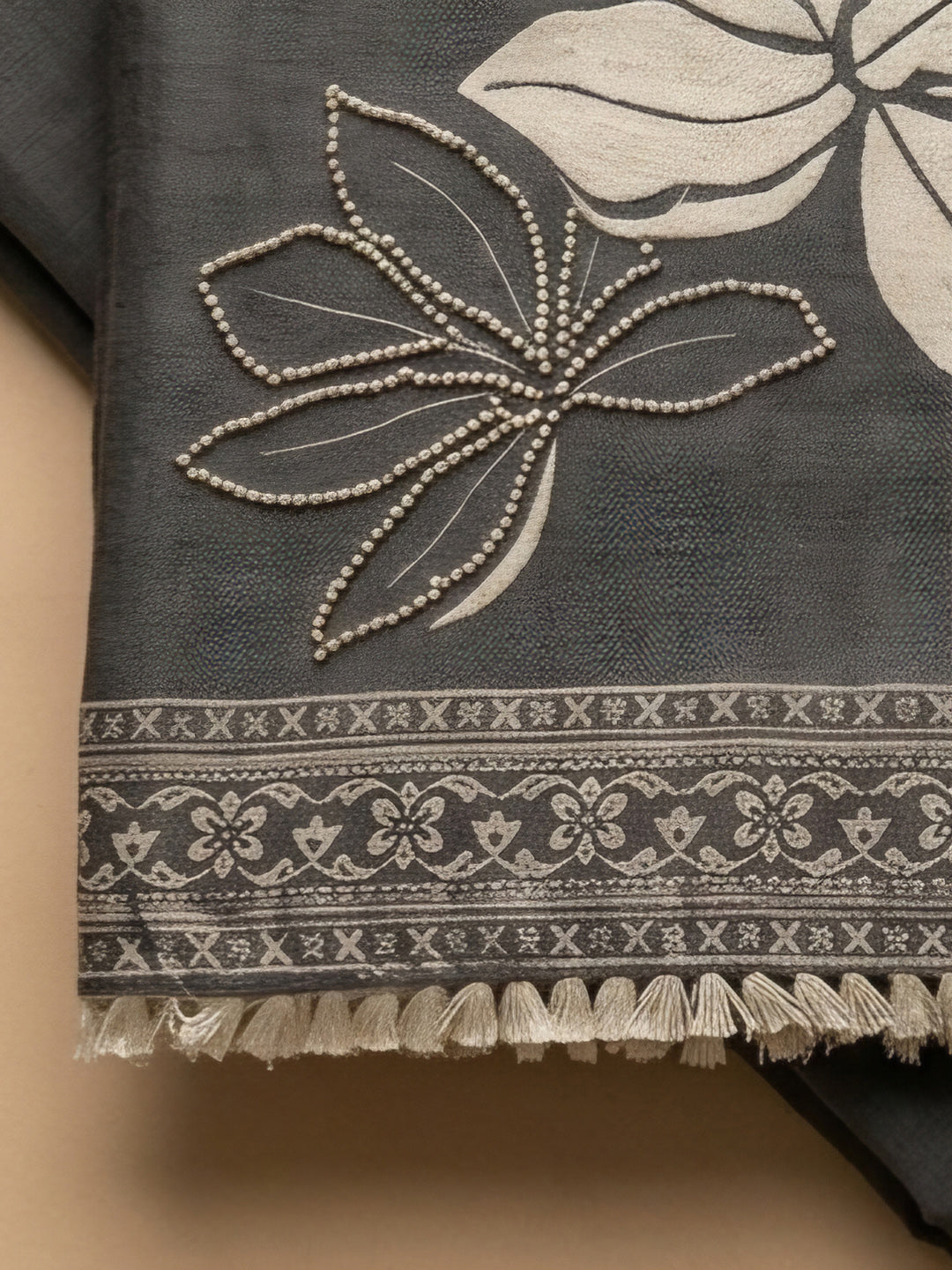 Grey Printed Linen Blend Unstitched Suit &amp; Pant With Linen Dupatta