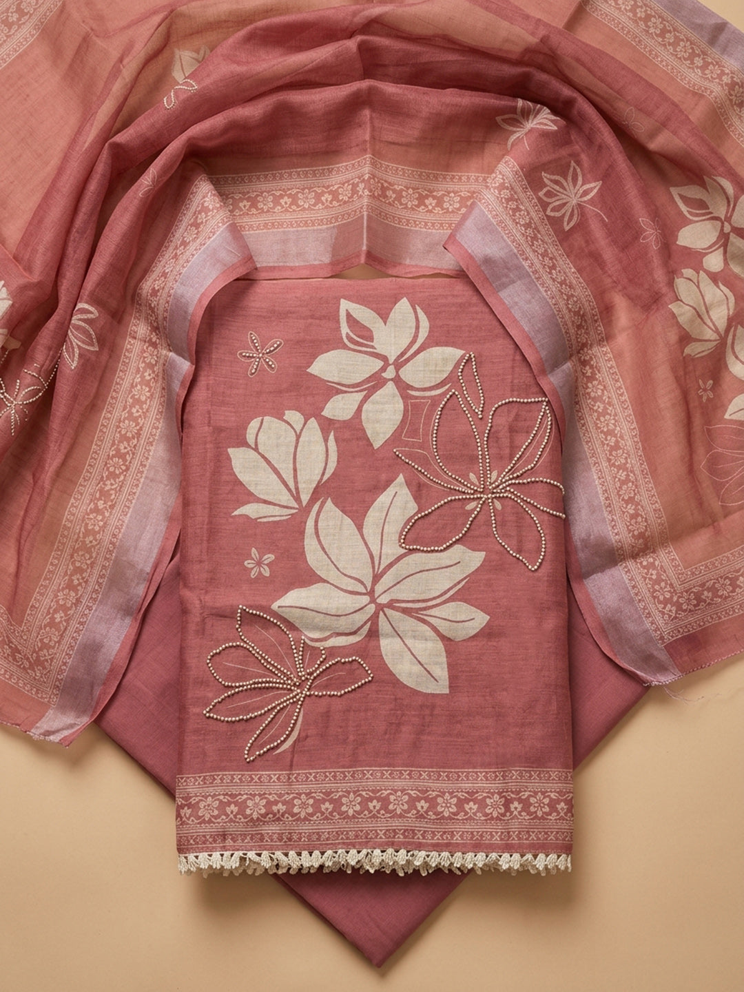 Pink Printed Linen Blend Unstitched Suit &amp; Pant With Linen Dupatta