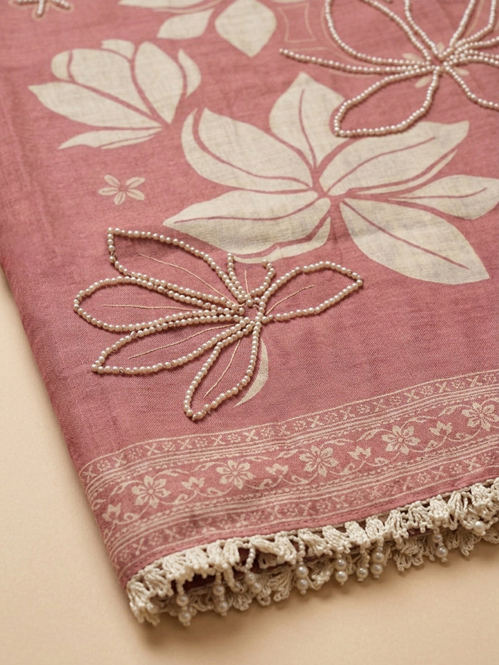 Pink Printed Linen Blend Unstitched Suit &amp; Pant With Linen Dupatta