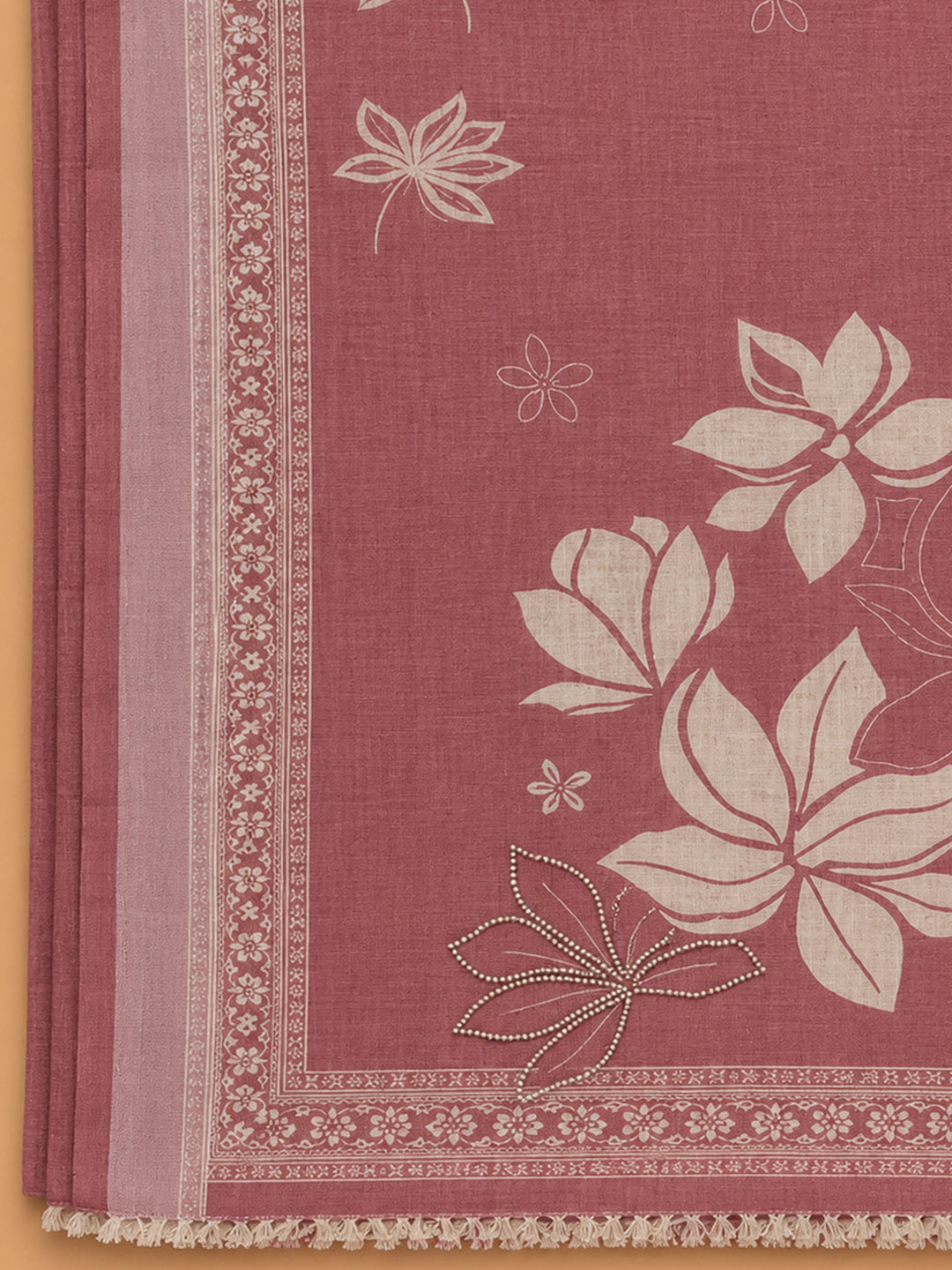 Pink Printed Linen Blend Unstitched Suit &amp; Pant With Linen Dupatta