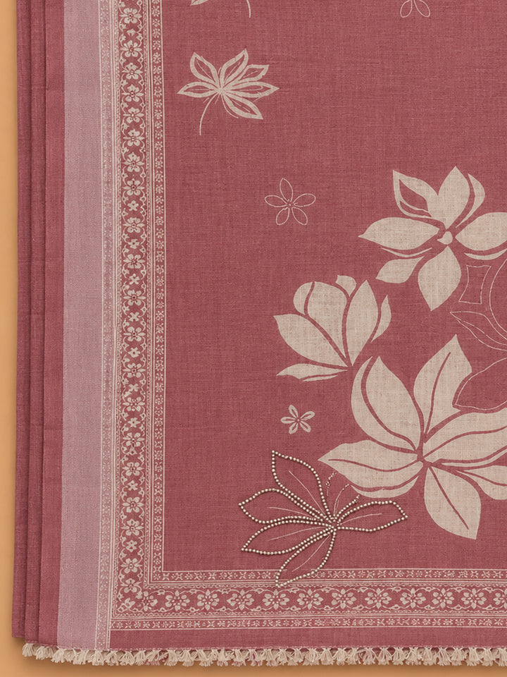 Pink Printed Linen Blend Unstitched Suit &amp; Pant With Linen Dupatta