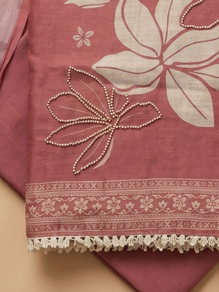 Pink Printed Linen Blend Unstitched Suit &amp; Pant With Linen Dupatta