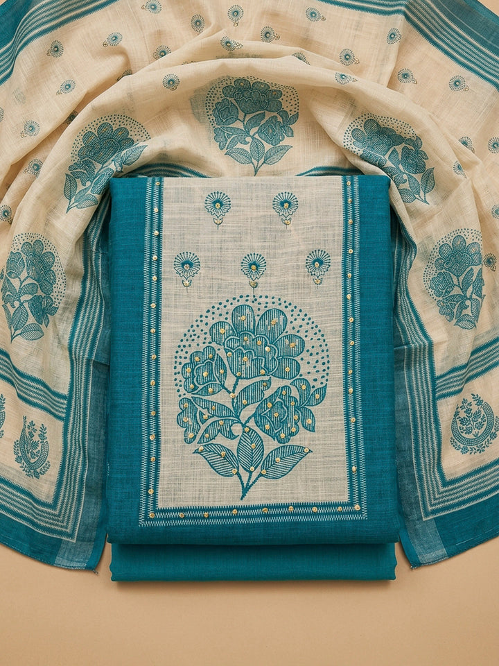 Blue Printed Linen Blend Unstitched Dress Material