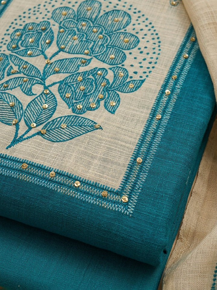 Blue Printed Linen Blend Unstitched Dress Material