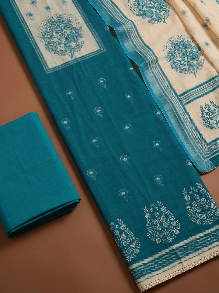 Blue Printed Linen Blend Unstitched Dress Material