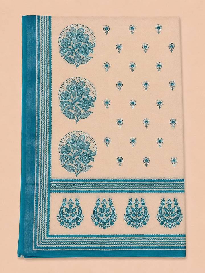 Blue Printed Linen Blend Unstitched Dress Material
