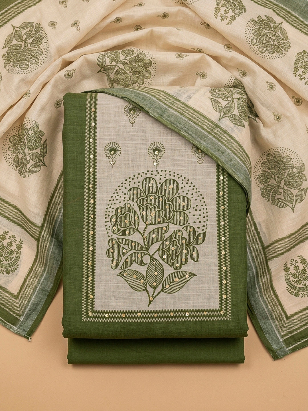 Green Printed Linen Blend Unstitched Dress Material