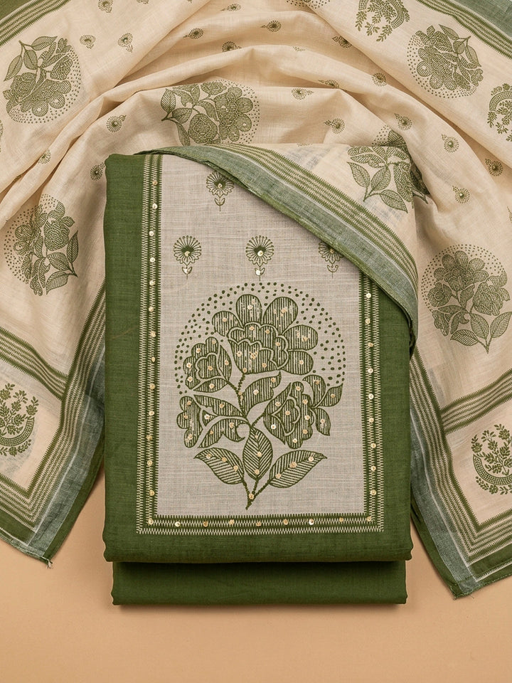Green Printed Linen Blend Unstitched Dress Material