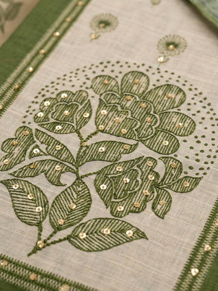 Green Printed Linen Blend Unstitched Dress Material