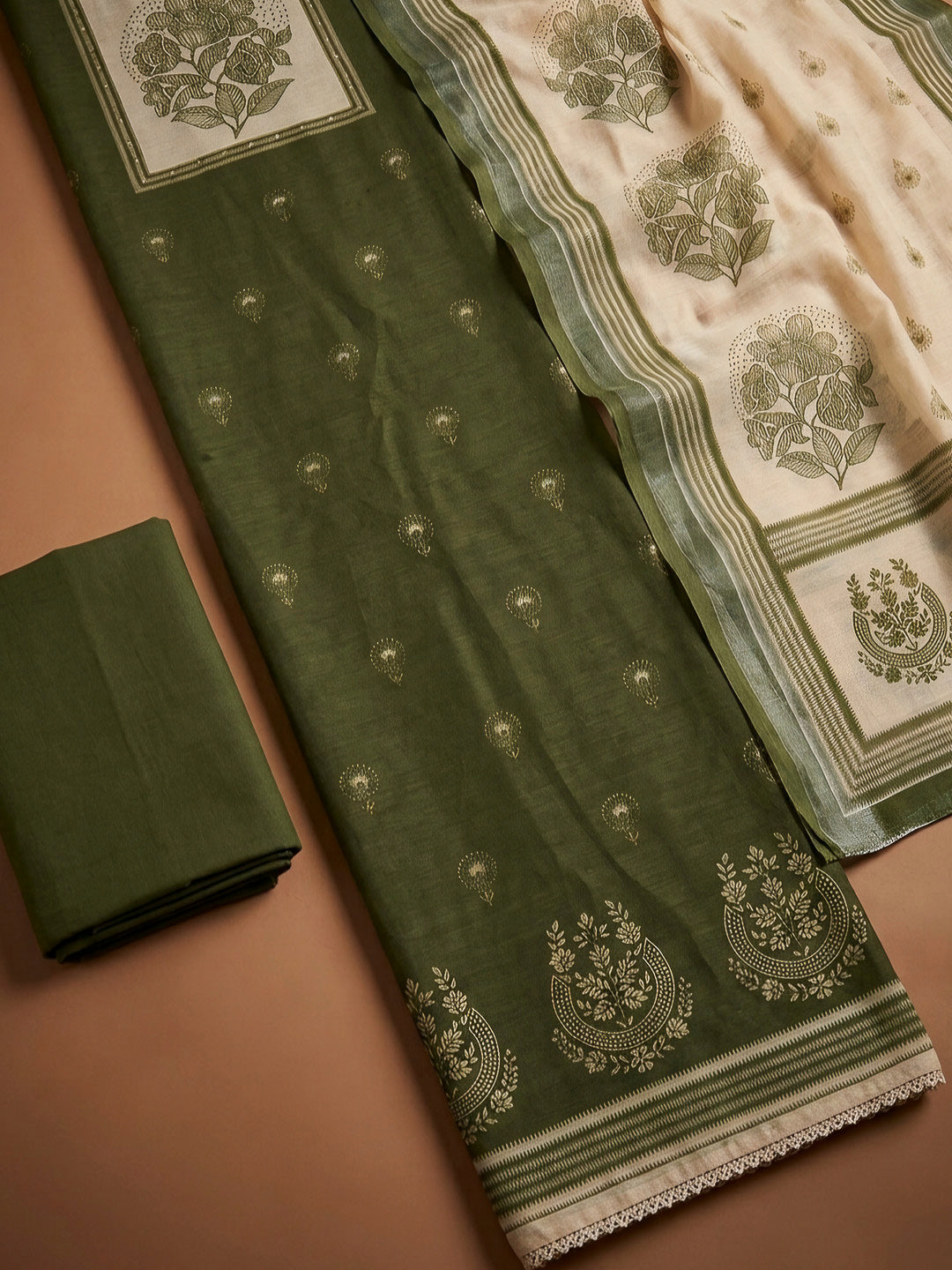 Green Printed Linen Blend Unstitched Dress Material