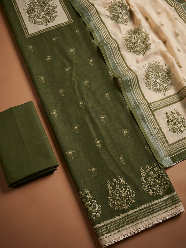 Green Printed Linen Blend Unstitched Dress Material