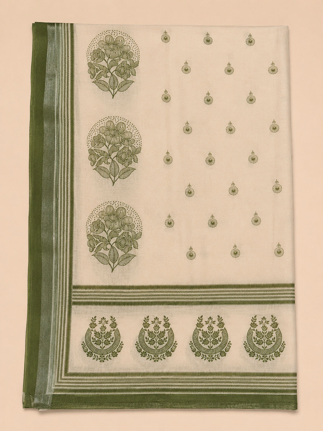 Green Printed Linen Blend Unstitched Dress Material