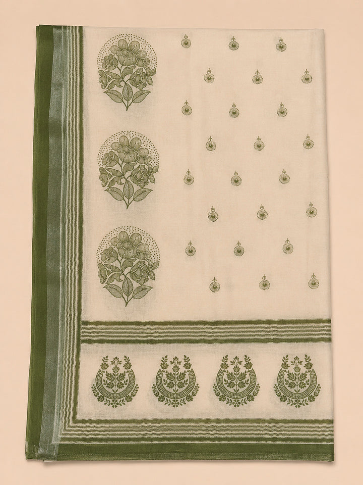 Green Printed Linen Blend Unstitched Dress Material