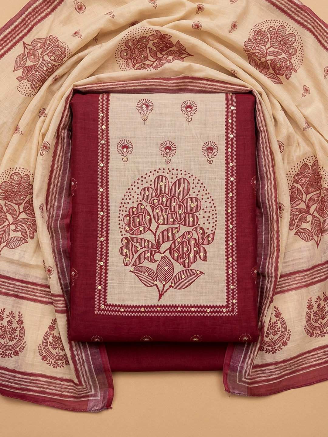 Maroon Printed Linen Blend Unstitched Dress Material