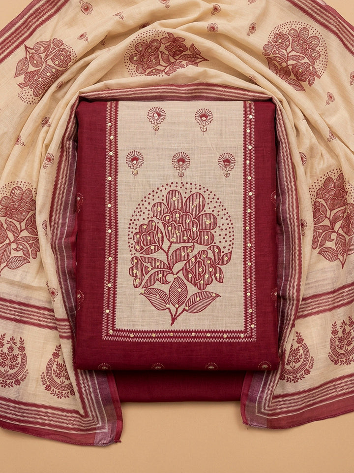 Maroon Printed Linen Blend Unstitched Dress Material
