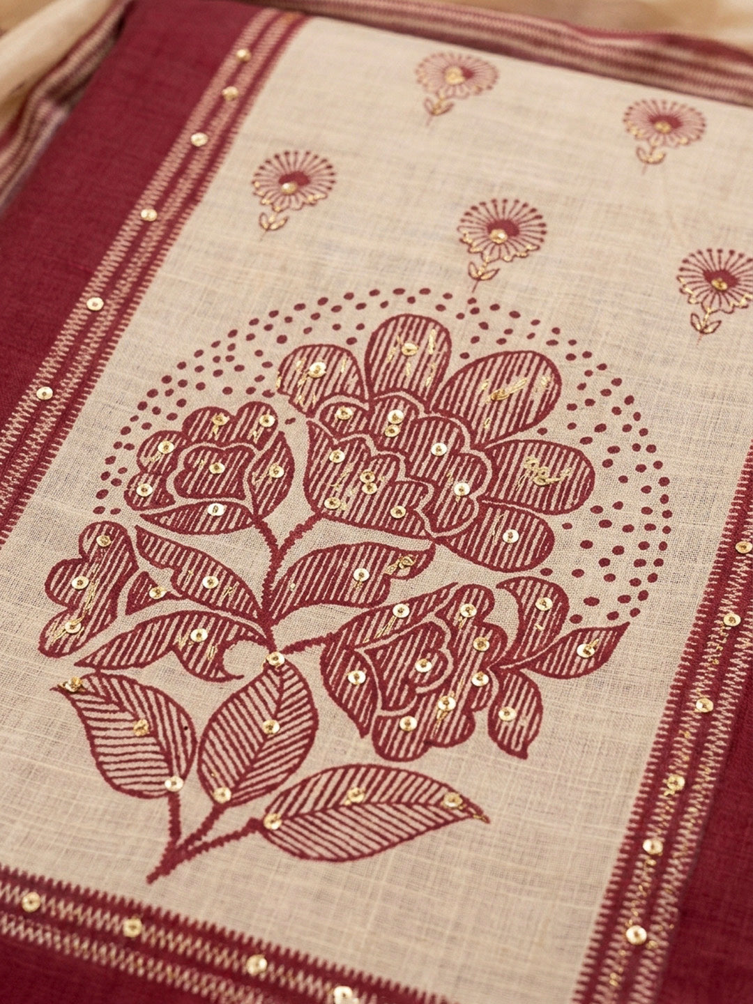 Maroon Printed Linen Blend Unstitched Dress Material