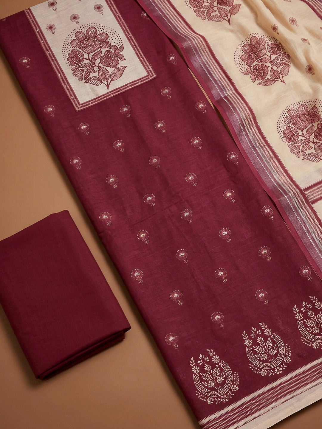 Maroon Printed Linen Blend Unstitched Dress Material
