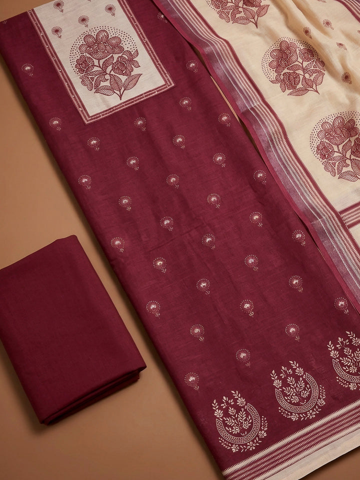 Maroon Printed Linen Blend Unstitched Dress Material