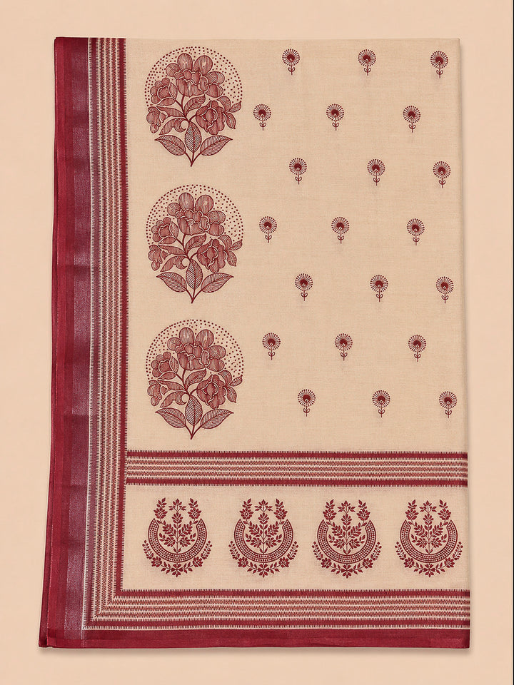 Maroon Printed Linen Blend Unstitched Dress Material