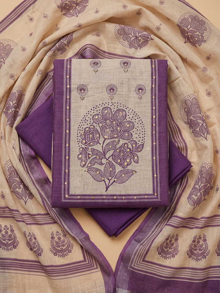 Purple Printed Linen Blend Unstitched Dress Material
