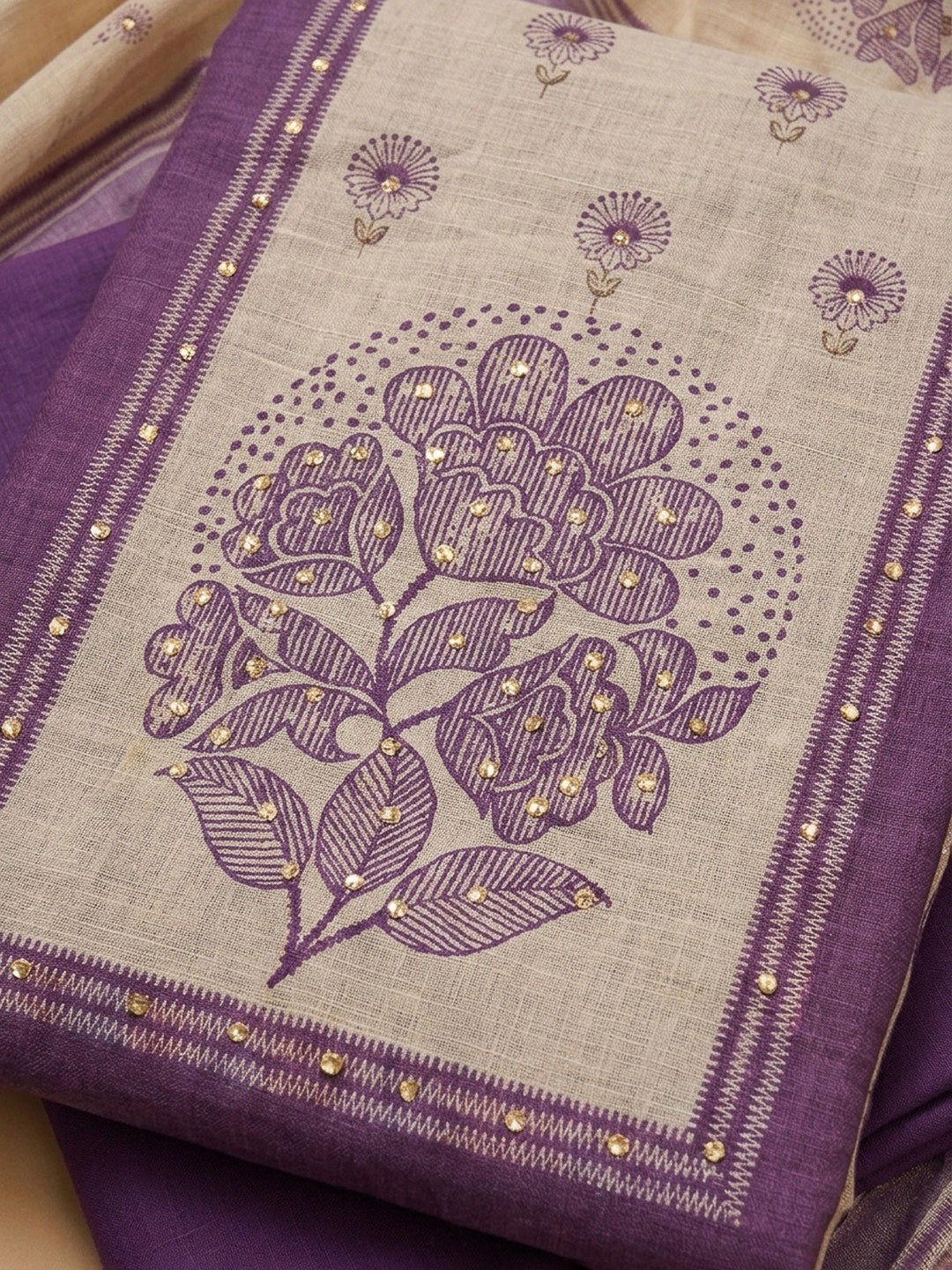 Purple Printed Linen Blend Unstitched Dress Material