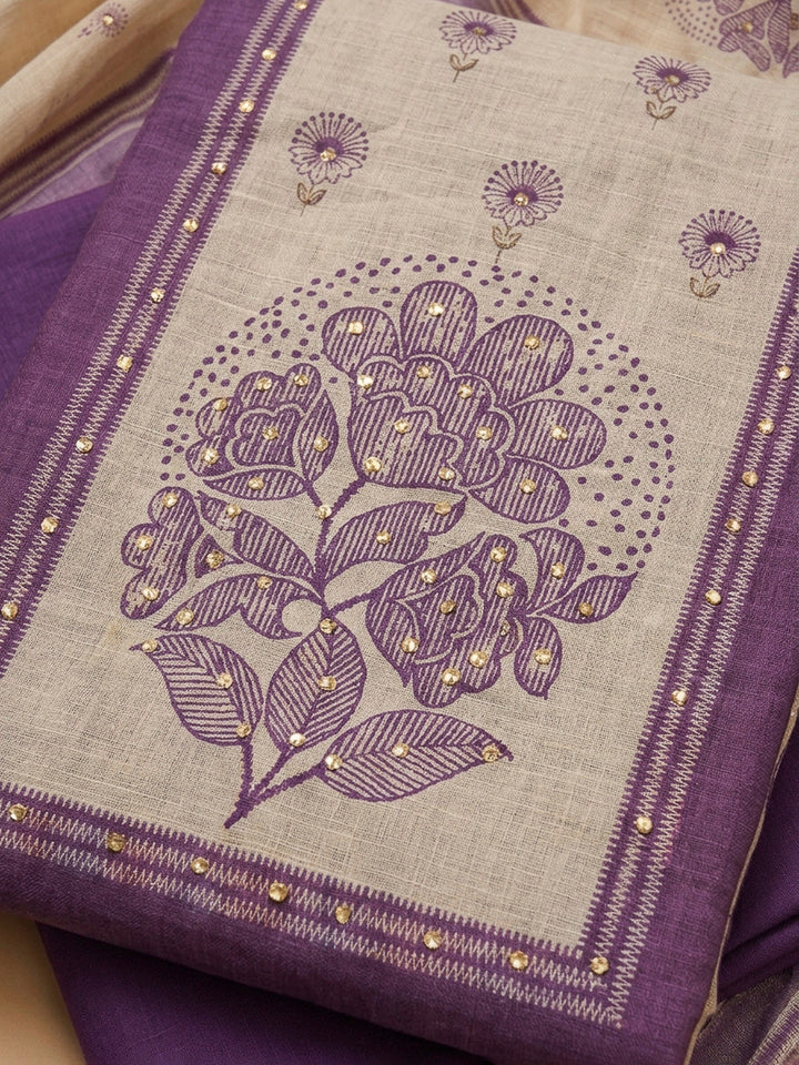 Purple Printed Linen Blend Unstitched Dress Material