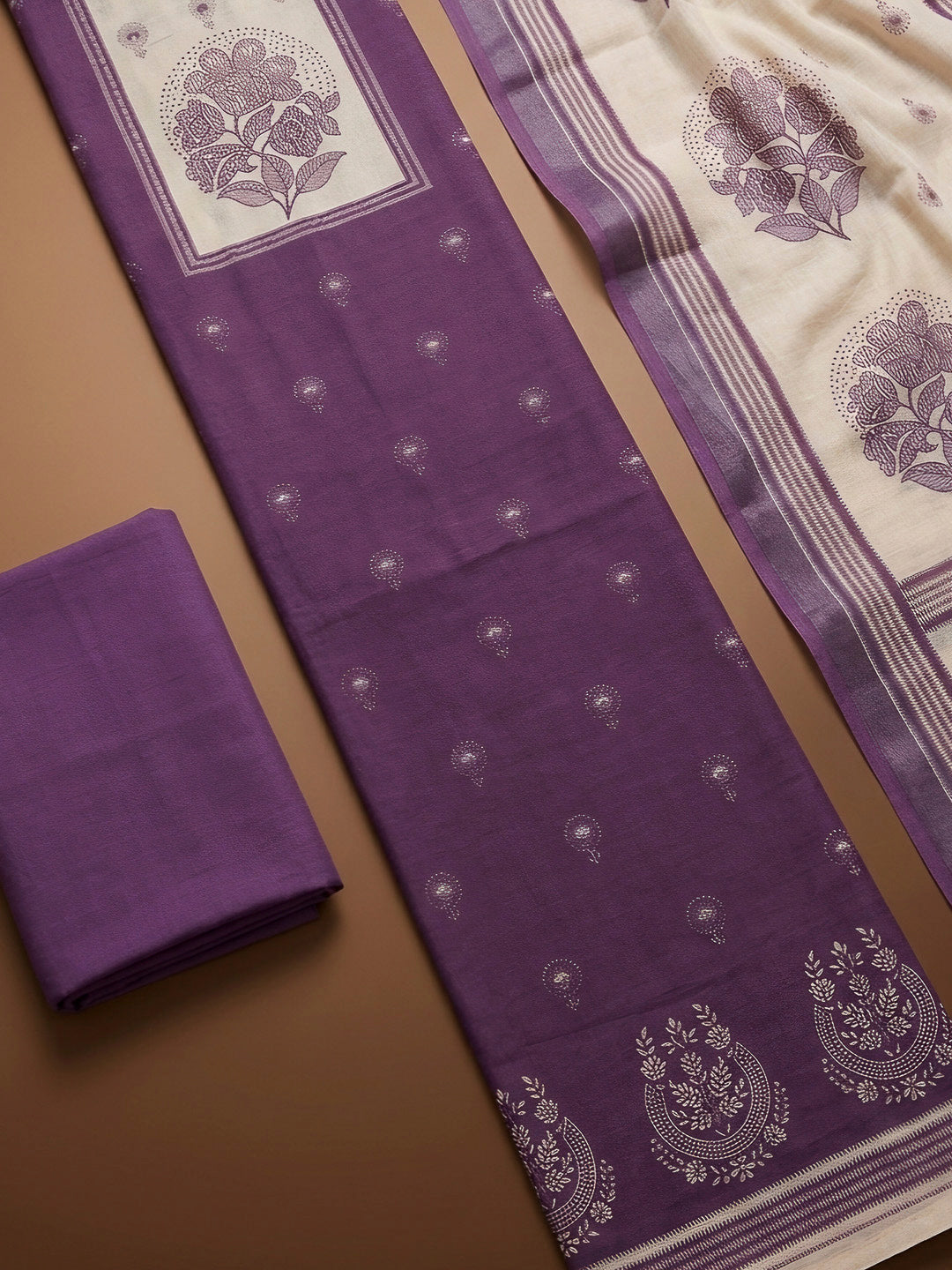 Purple Printed Linen Blend Unstitched Dress Material