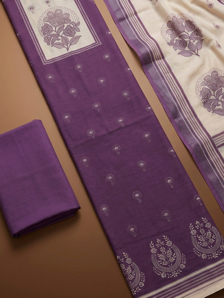 Purple Printed Linen Blend Unstitched Dress Material