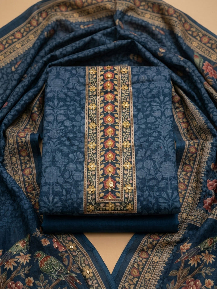 Blue Printed Chanderi Unstitched Dress Material