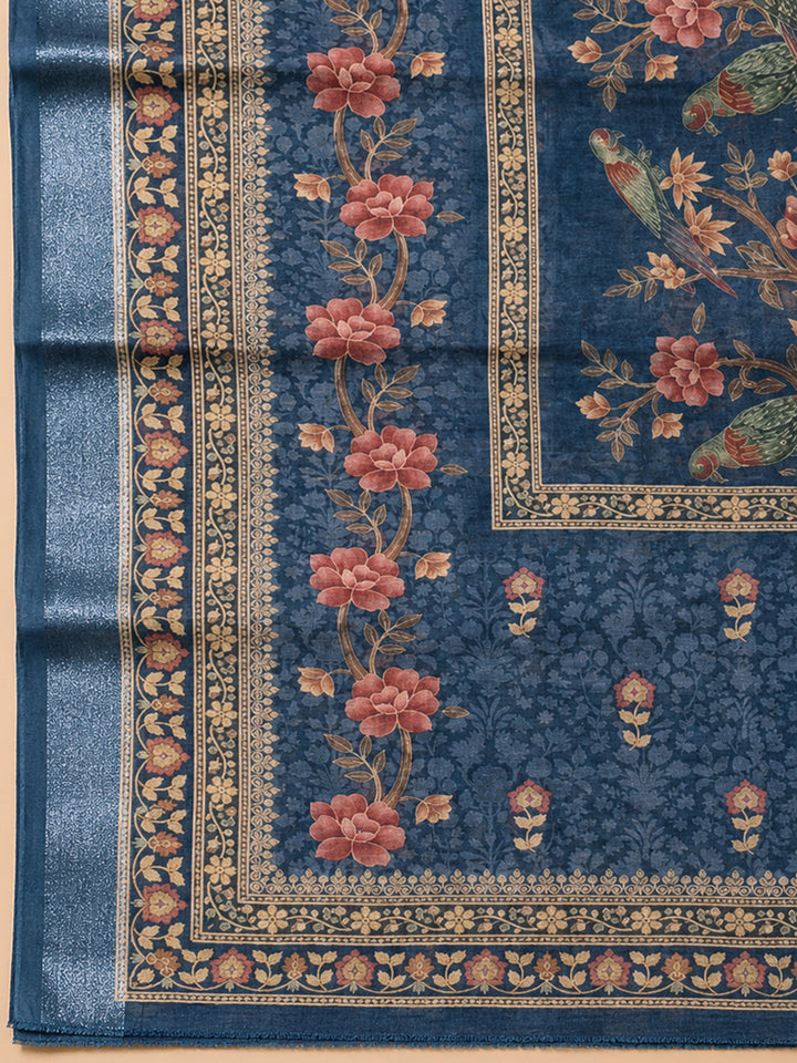 Blue Printed Chanderi Unstitched Dress Material