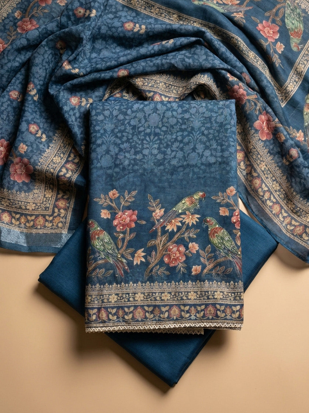Blue Printed Chanderi Unstitched Dress Material
