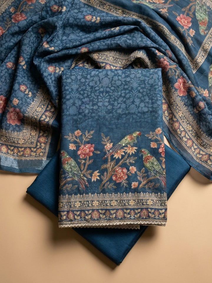 Blue Printed Chanderi Unstitched Dress Material