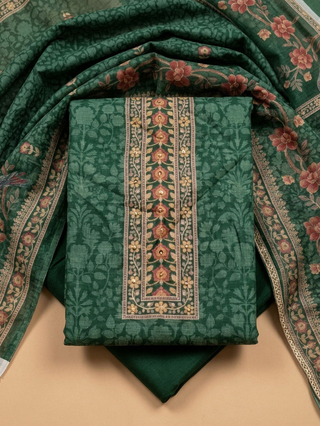 Green Printed Chanderi Unstitched Dress Material